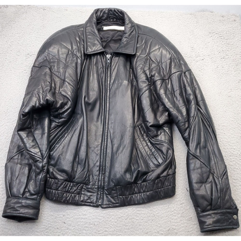 Andrew Marc Bomber Jacket Mens‎ XL Black Leather Long Sleeve Collared Full Zip